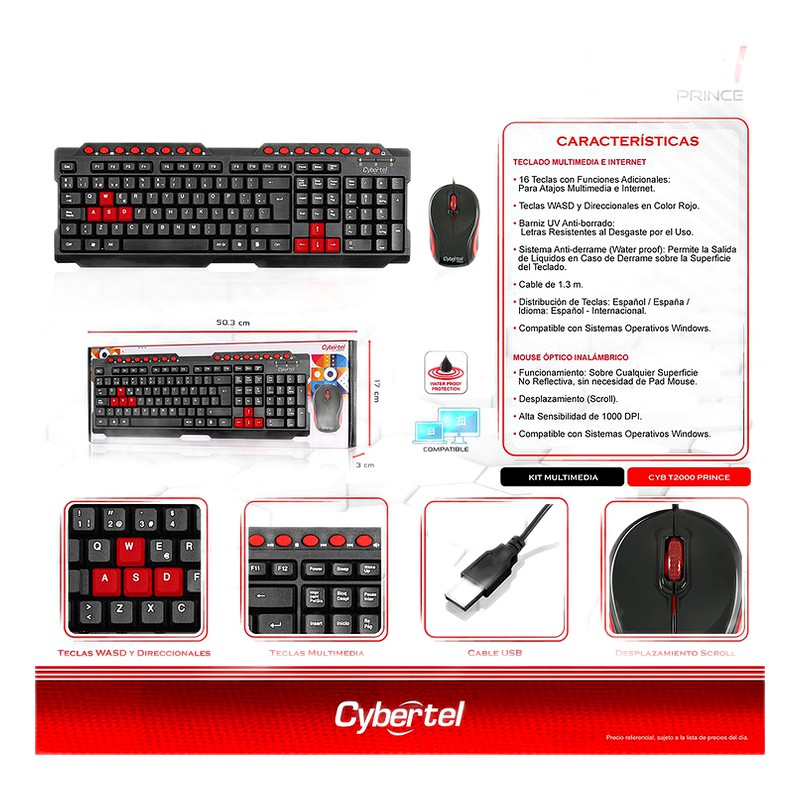 KIT TECLADO Y MOUSE MULTIMEDIA, USB, PRINCE CYB T2000 - CYBERTEL