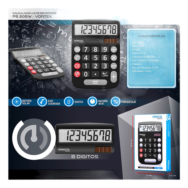 CALCULADORA DE ESCRITORIO VORTEX BLACK PS205W - PASCAL