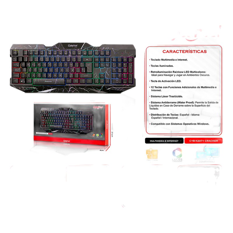 TECLADO GAMER MULTIMEDIA CRACKER CYB K207+ USB LED T/SEMICURVAS - CYBERTEL