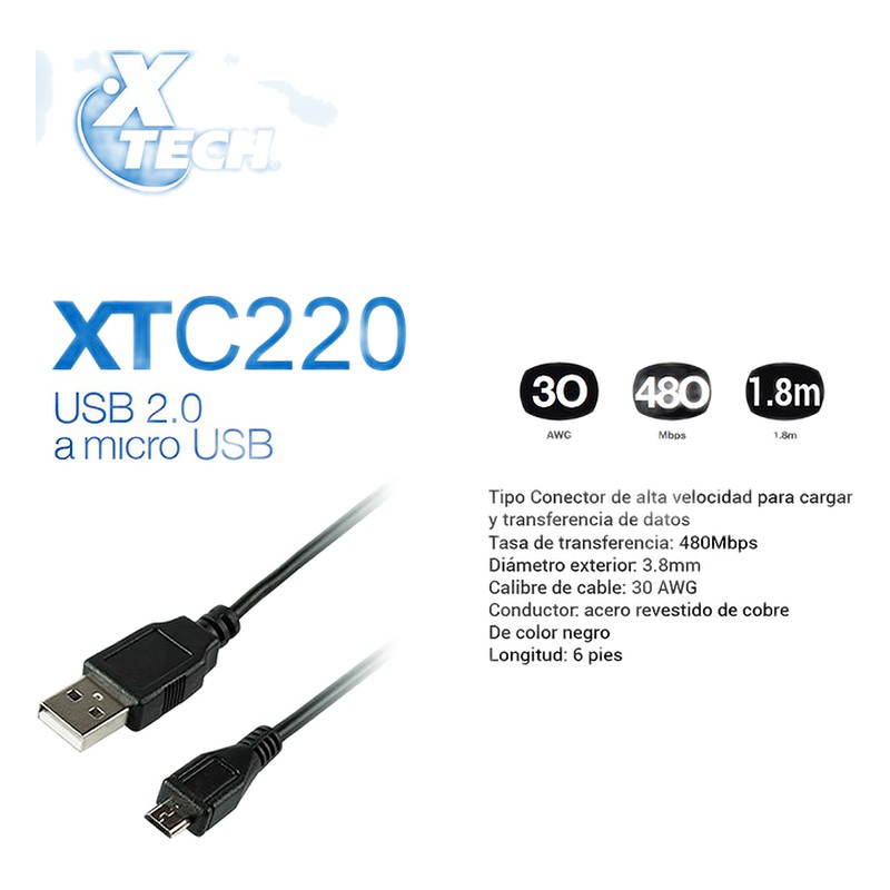 CABLE DE DATOS XTECH USB 2.0 MACHO A MICRO USB 2.0 MACHO 1.8M XTC-322