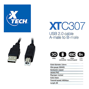 CABLE USB 2.0 PARA IMPRESORAS XTECH XTC-307, 1.8M