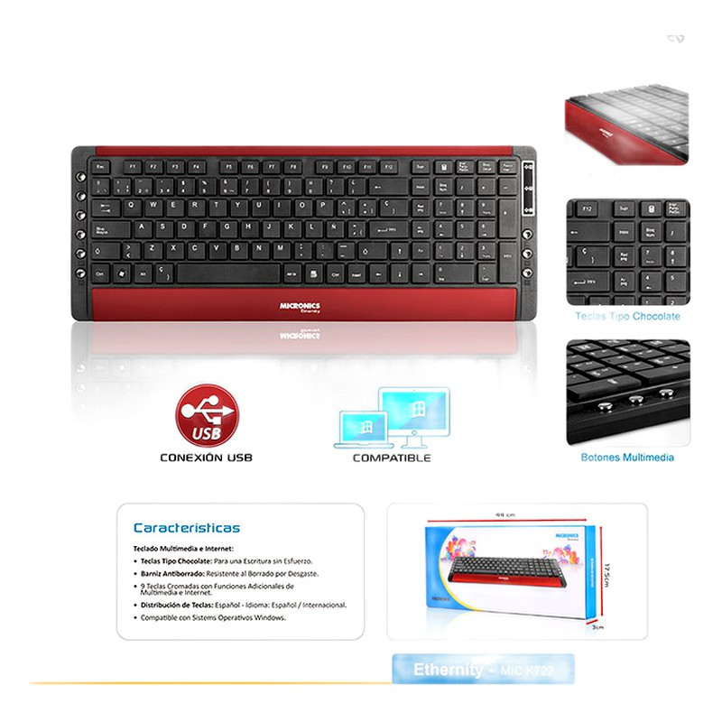 TECLADO MULTIMEDIA USB ETHERNITY BLK/RED MIC K722 - MICRONICS