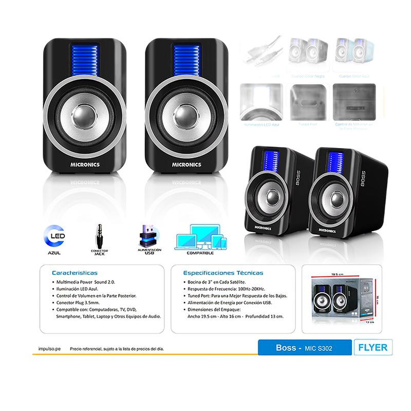 PARLANTE 2.0 BOSS MIC S302 USB 12W - MICRONICS