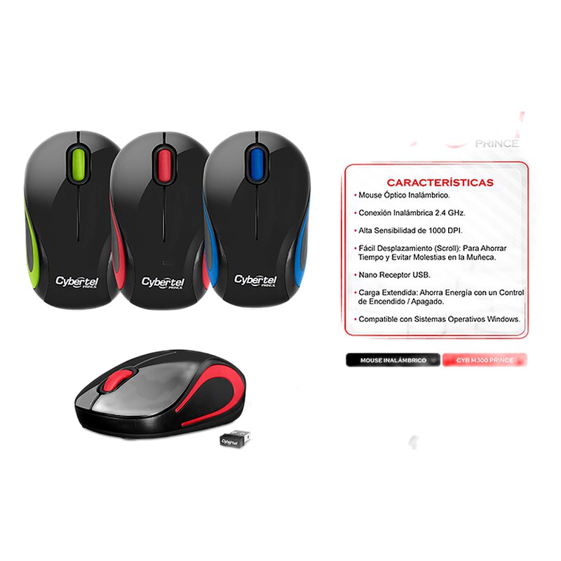 MOUSE INALAMBRICO PRINCE BLK/RED CYB M300 - CYBERTEL